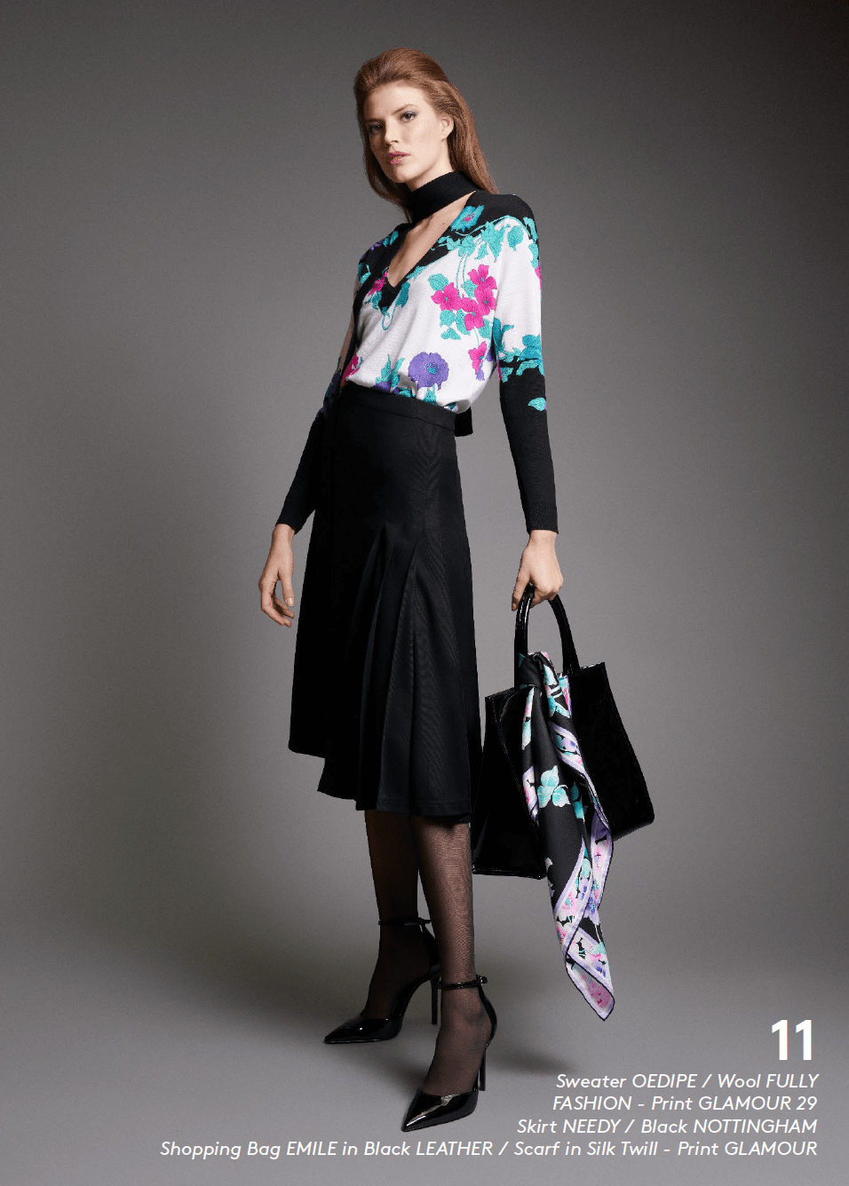 Top imprimé floral et jupe noire en soie Leonard Paris